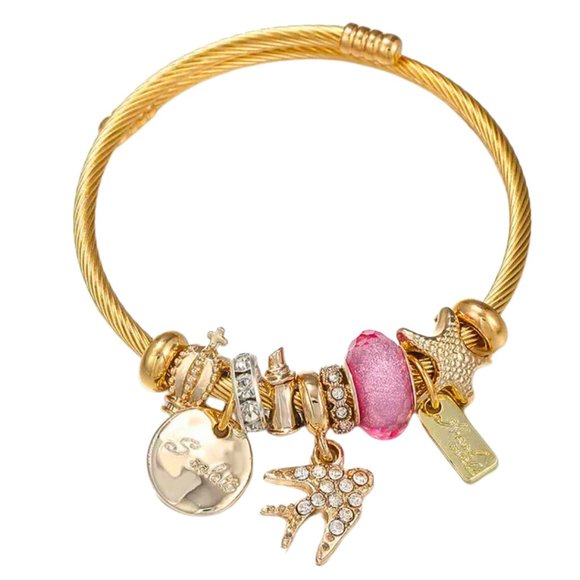 Stainless Steel Beaded Bangle Bracelet Pink - Picture 1 of 2